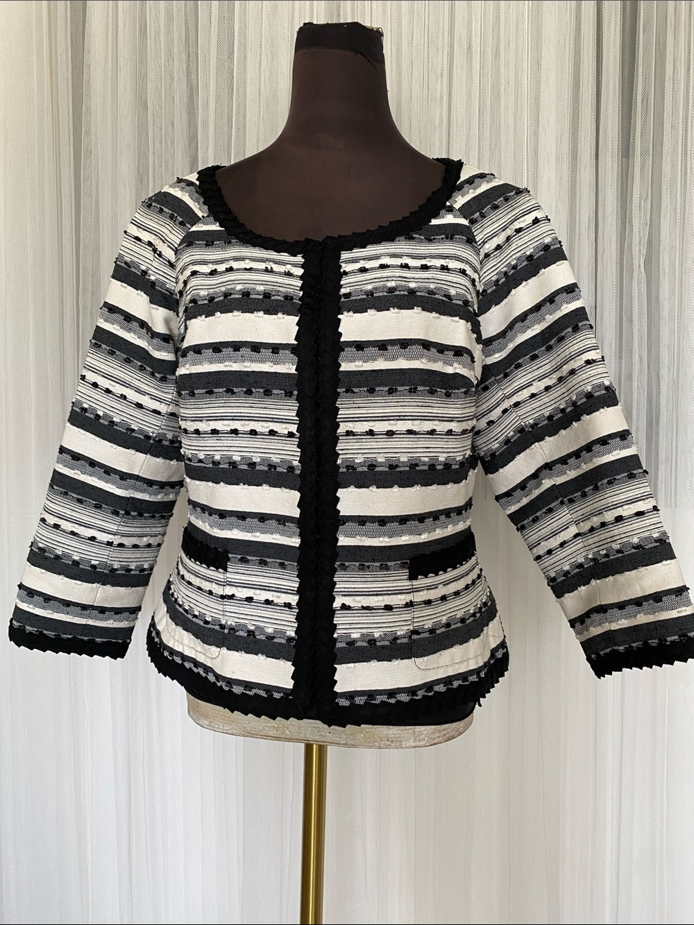 Plus Size Bob Mackie Black & White Striped Patch work Cropped Jacket Size 14